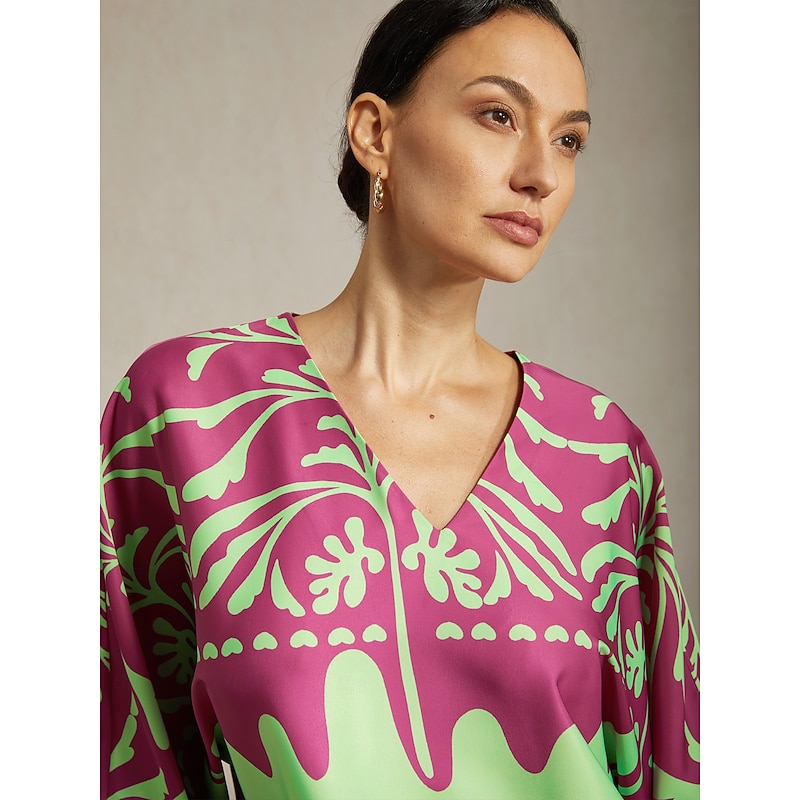 Woman's Top Vivid Fuchsia Vacation Inspired Print Satin Lantern Long Sleeve V Neck Seaside Vacation Casual Leisure Spring Autumn3