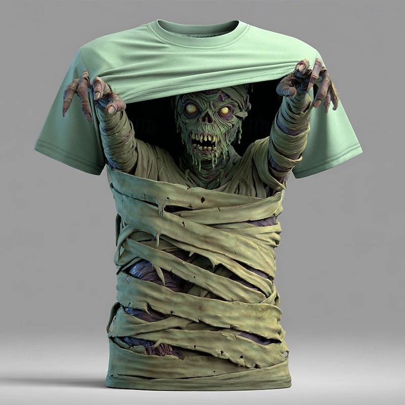 Halloween Men's Optical Illusion Zombies 3D T Shirt Short Sleeve T shirt 3D Print Crew Neck Shirt Exaggerated Designer Horror Party Street Holiday Blue Purple Green Summer Spring All Seasons Clothing
