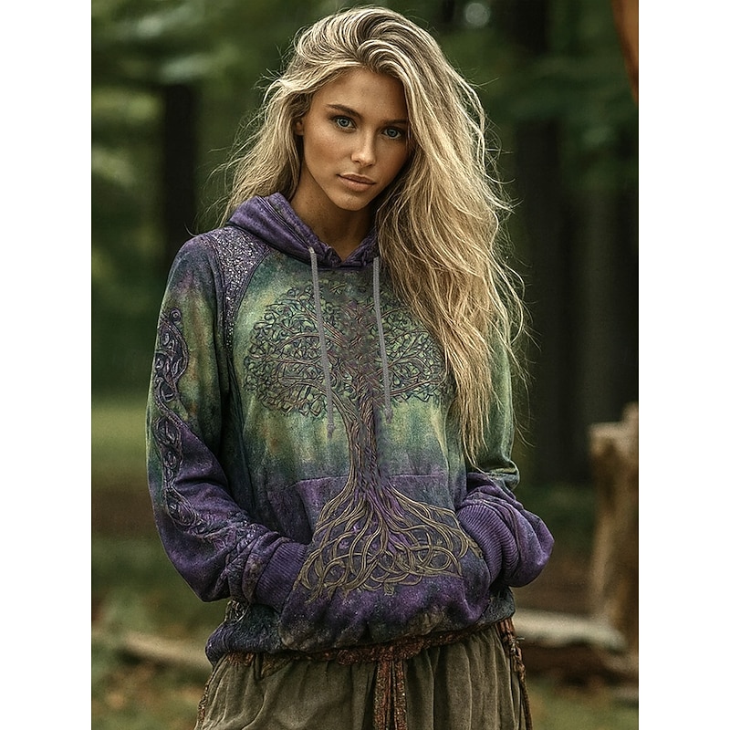 Women's 3D Print Vintage Boho Hoodie Patchwork Hoodie Sweatshirt Floral Viking Pullover Sweatshirt  Casual Long Sleeve Hooded  Street Dailywear Patchwork Print Front Pocket Purple Spring Fall Winter2