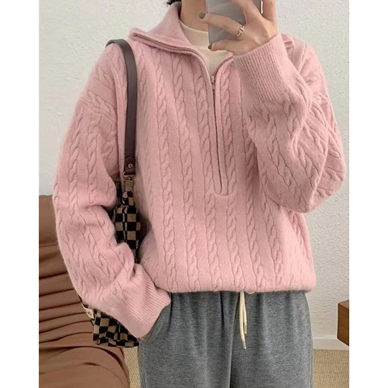 Women's Sweater Fashion Casual Solid Color Ribbed Half Zip Knitted Long Sleeve Regular Tops Knit Outdoor Daily Weekend Pink Fall Winter3