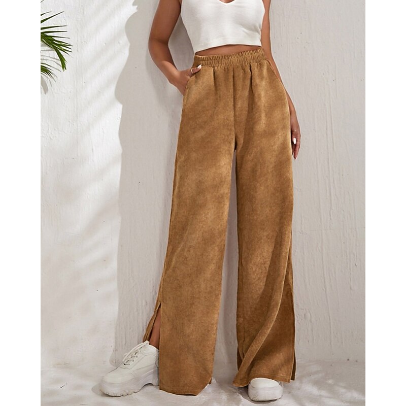 Women's Culottes Wide Leg Chinos Streetwear Casual Full Length Medium Waist Plain Pocket Elastic Waist Comfortable Micro-elastic Outdoor Vacation Daily dark brown Black Ivory Green Fall Winter Loose2