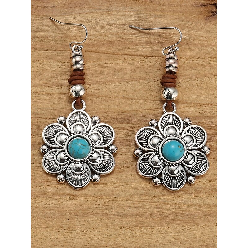 Women's Bohemian Flower Dangle Earrings with Turquoise Stone, Vintage Alloy Drop Earrings for Casual Wear, Beach and Parties4