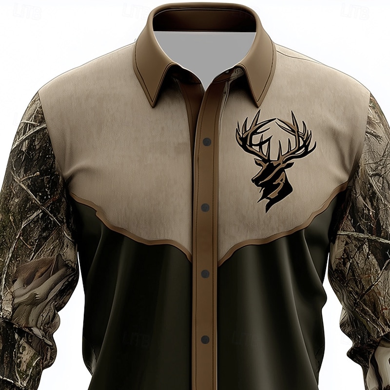 Men's Reindeer Camouflage Color-blocking Shirt Button Up Shirt Long Sleeve Vintage Retro Outdoor Camping & Hiking Hunting Spring Fall Turndown 3D Print Linen Like Shirt Camouflage khaki Khaki3