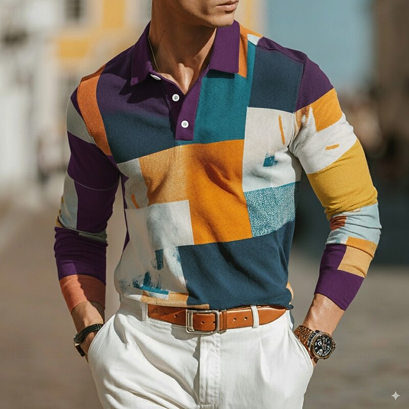 Men's Color Block Polo Long Sleeve Polo Shirts Lapel Business Casual Outdoor Street Athleisure Daily Wear 3D Print Buttons Spring Fall Winter Yellow Blue Purple3