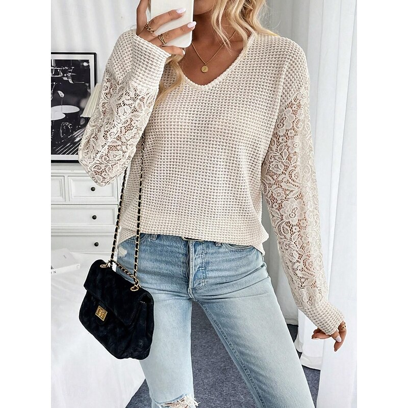 Women's Blouse Solid Color Stylish Casual Long Sleeve V Neck Regular Tops Daily Lace Patchwork Apricot Spring Fall Winter3