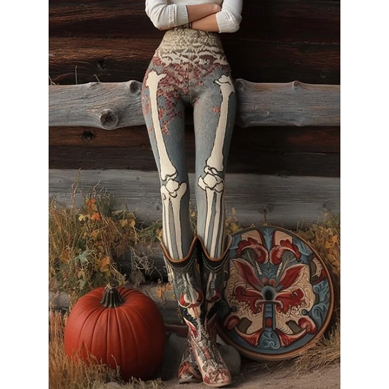 Women's Leggings Vacation Vintage Fashion Full Length Ankle-Length High WaistPantsHalloween Graphic Skull Halloween Printing Soft Breathable Stretchy Formal Vacation Street Light Gray Spring Fall
