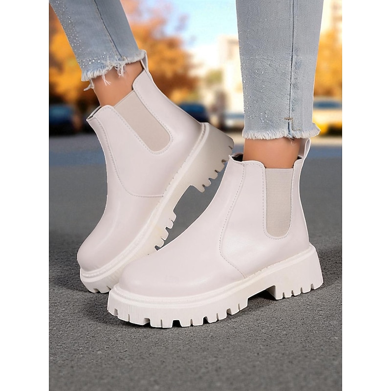 Women's Black Chunky Chelsea Ankle Boots – Faux Leather Slip-On Booties with Lug Soles for Fall Street Style and Casual Outfits