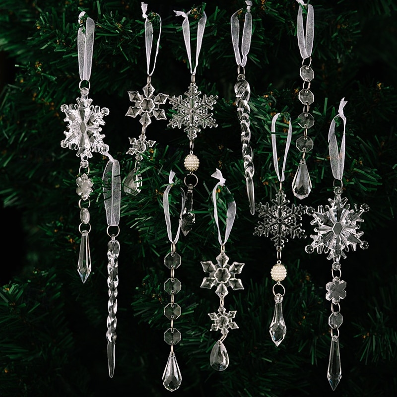 10PCS Christmas Crystal Ornaments, Acrylic Snowflake Baubles and Icicle Decorations, Clear Hanging Pendants for Christmas Tree and Holiday Party Decor