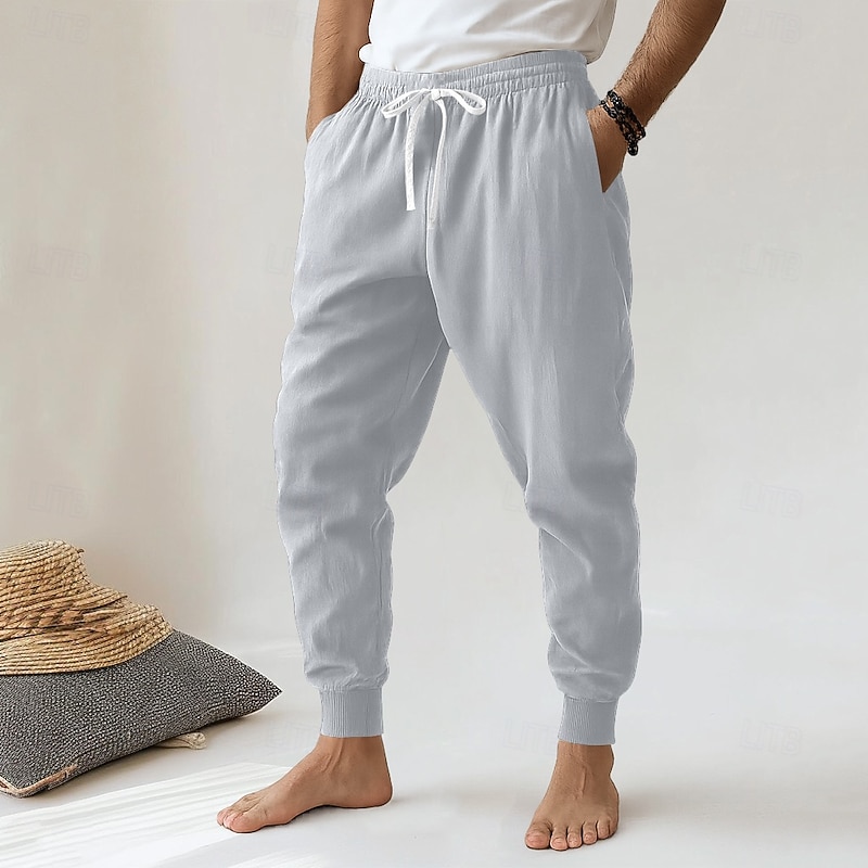 Men's Linen Pants Trousers Summer Pants Harem Pants Drawstring Solid Color Knee Length Outdoor Vacation Home Vacation Ethnic Style Black Navy Blue Low Waist Micro-elastic