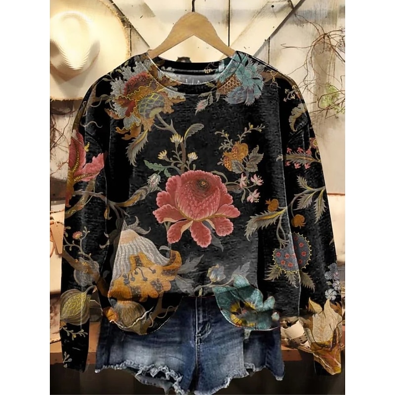 Women's Pullover Sweatshirt Floral Graphic Fashion Casual Long Sleeve Crew Neck Regular Tops Street Dailywear Casual Patchwork Print Black Blue Dark Green Brown Fall Winter - Main Image
