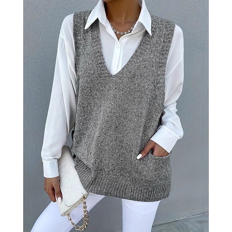 Women's Sweater Sweater Vest Streetwear Casual Solid Color V Neck Pocket Knitted Sleeveless Regular Tops Knit Daily Holiday Going out Black Khaki Fall Winter2