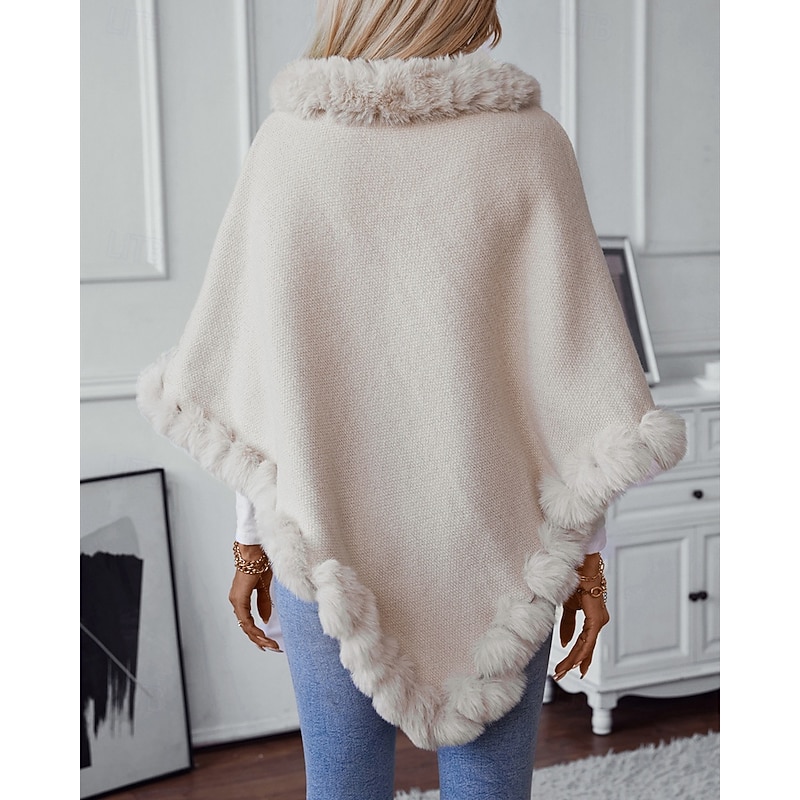 Women's Sweater Shrug Elegant Fashion Streetwear Solid Color Ribbed Turtleneck Knitted Asymmetric Hem Faux Fur Trim Half Sleeve Regular Tops Knit Outdoor Daily Weekend Wine Red Black Fall Winter4