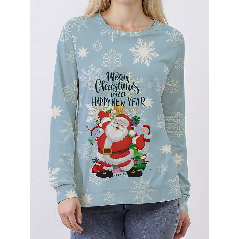 Women's Pullover Sweatshirt Hoodies Graphic Santa Claus Christmas Classic Casual Festival Long Sleeve Crew Neck Round Neck Regular Tops Casual Holiday Print Light Blue Fall Winter