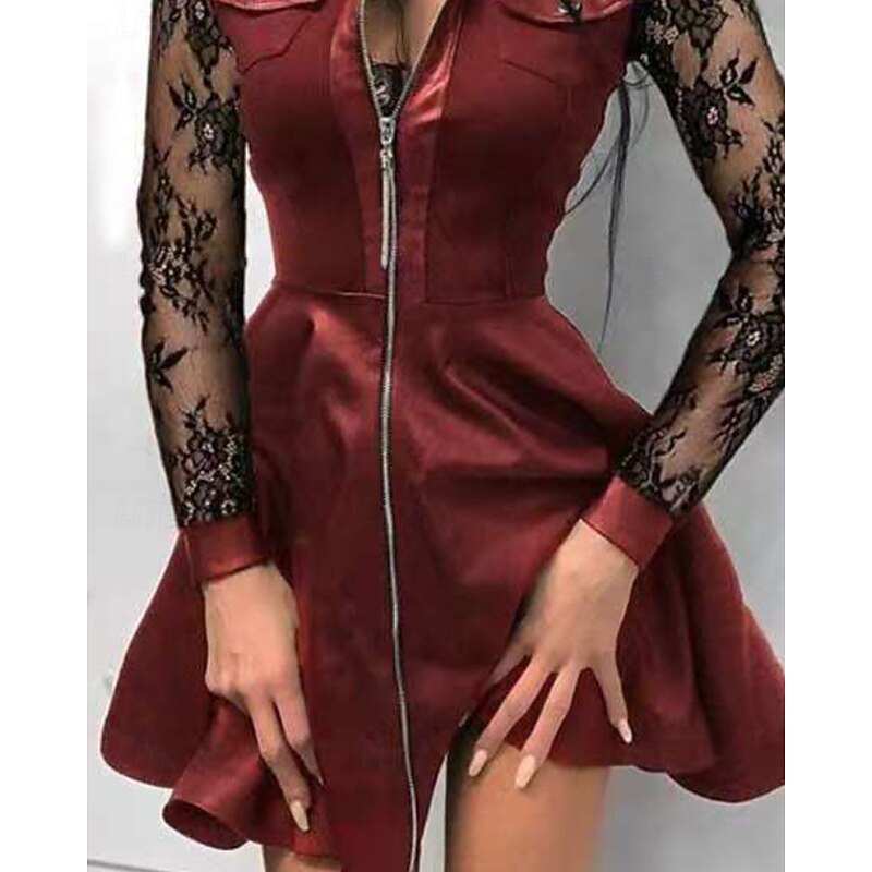 Women's Mini Dress Black Dress Leather Dress Fashion Modern Outdoor Party Going out Regular Fit Houndstooth Long Sleeve Stand Collar Wine Spring Fall Winter Autumn3