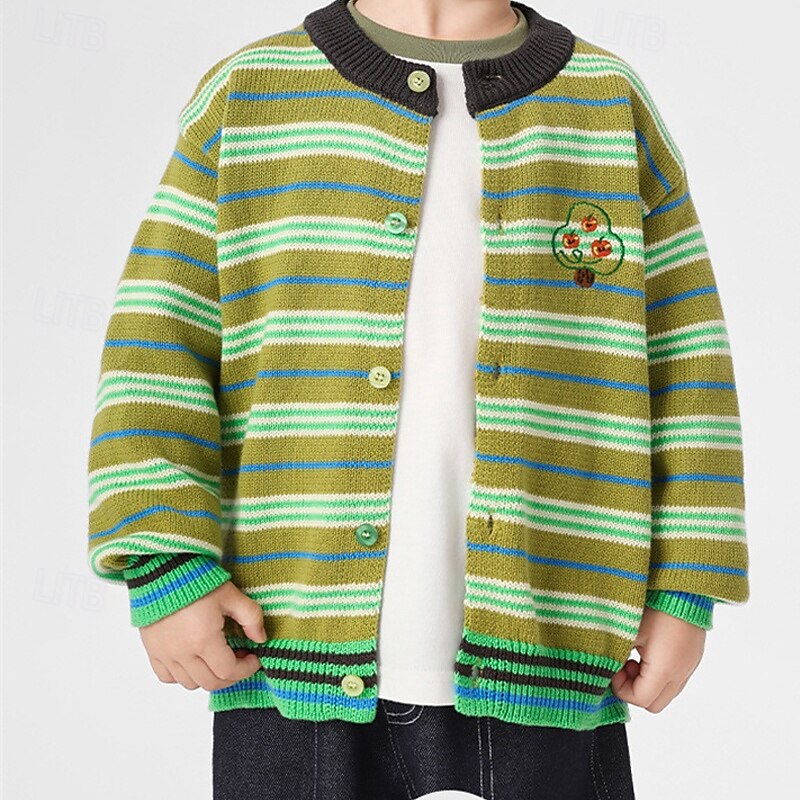 Kids Unisex Baseball Jackets Outerwear Stripe Long Sleeve Comfort Buttons Soft Coat Outdoor Cotton Fashion Daily Blue Green Spring Fall 4 years+