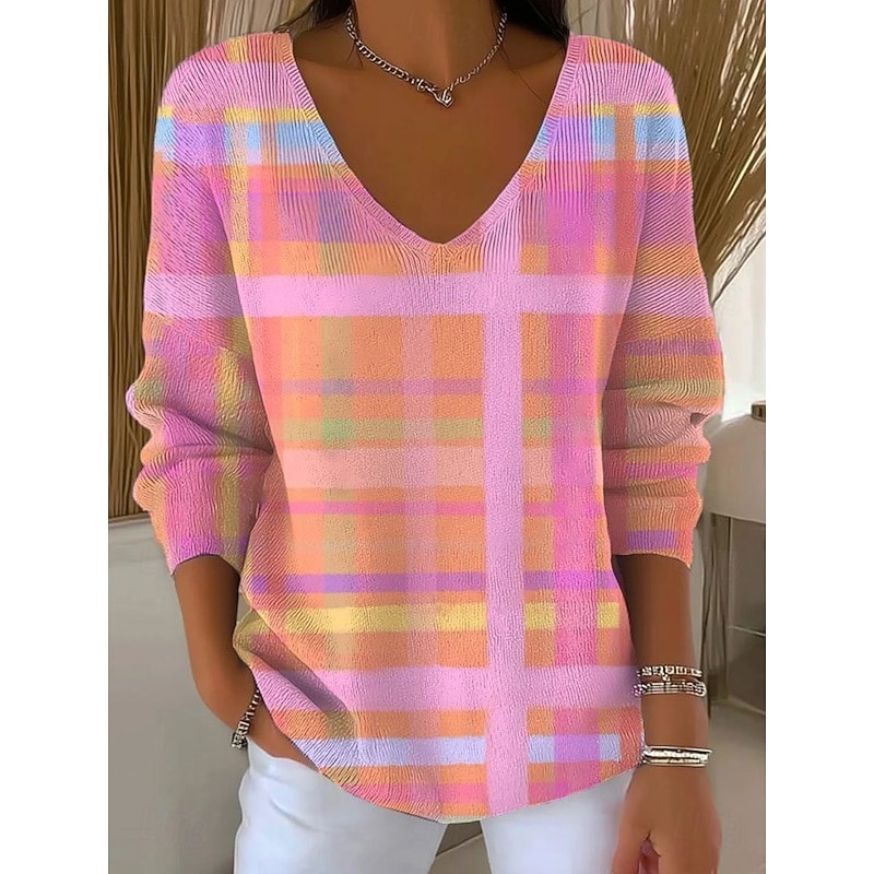 Women's Sweater Elegant Fashion Streetwear Graphic Geometric Plaid V Neck Knitted Long Sleeve Regular Tops Knit Weekend Pink Light Brown Spring Fall