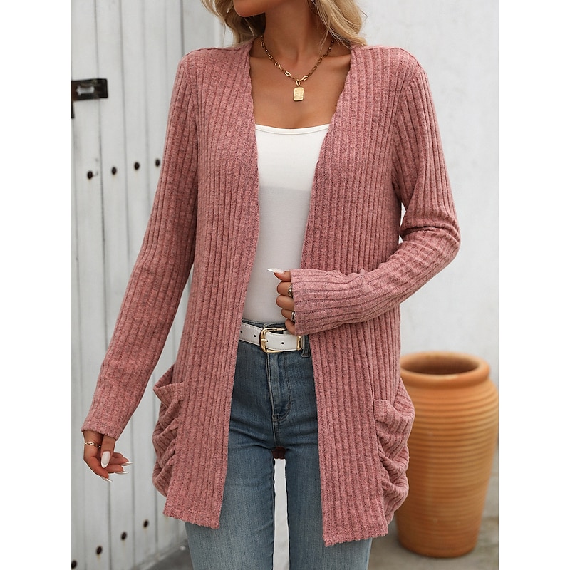 Women's Winter Coat Comfortable Breathable Pocket Open Front Elegant Casual Plain Vacation Street Casual Daily Wear Open Front Regular Collarless Regular Fit Long Sleeve Outerwear Pink Red Blue2