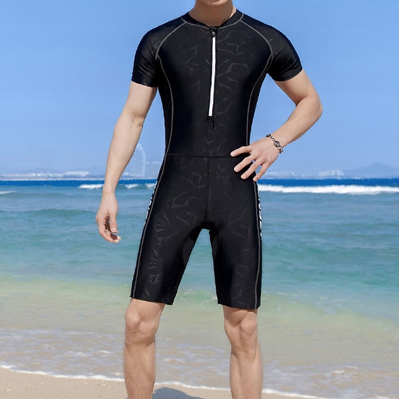 Men's Full Body Swimwear Dive Skin Suit UPF50+ Short Sleeve Swimwear Front Zip Swimming Diving Surfing Snorkeling Solid Colored Summer Spring Autumn
