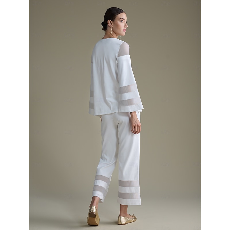 Women's Elegant White Modal Top Fitted with Sheer Chiffon Sleeves Stylish Lightweight Comfortable Daily Work Evening Fall4