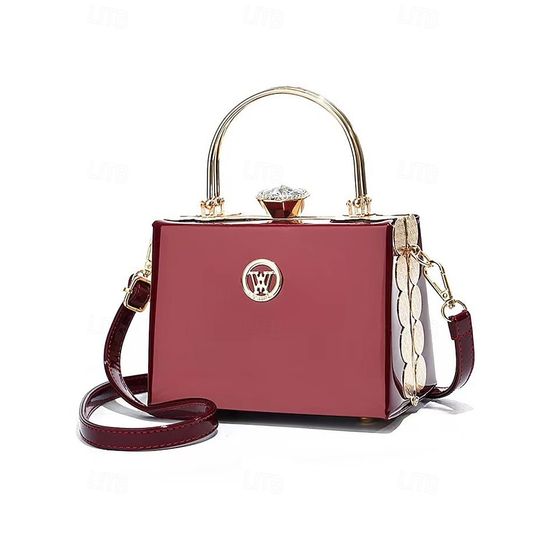 Women's Burgundy Patent Leather Evening Handbag with Gold Handle, Vintage Gatsby Style Purse for Cocktail Parties, Weddings and Formal Events4