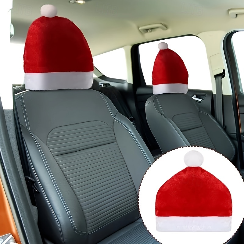 2-Pcs Festive Santa Hat Christmas Car Seat Headrest Covers Universal Fit for Vehicle Interior Decoration