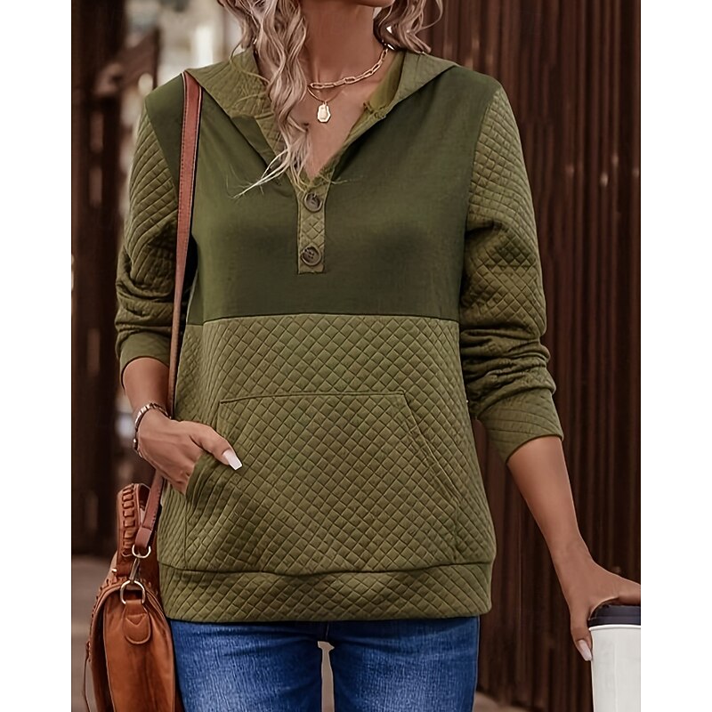 Women's Pullover Hoodie Sweatshirt Color Block Casual Long Sleeve Hooded Regular Tops Street Holiday Going out Patchwork Pocket Green Fall Winter2