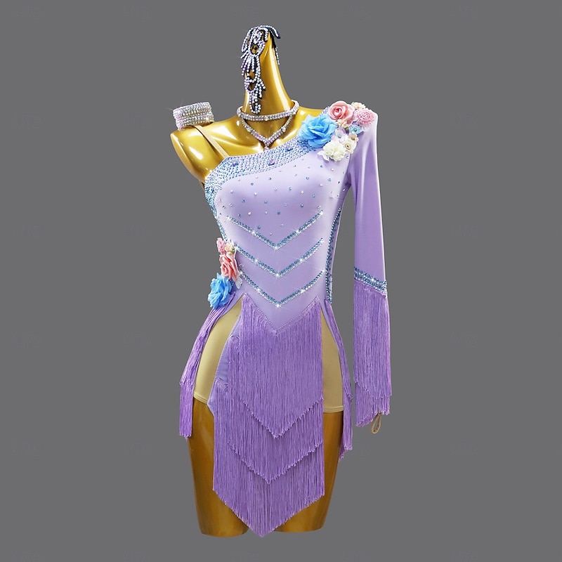 Latin Dance Dress Petal Crystal / Rhinestone Tassel Women's Performance Party Long Sleeve Spandex