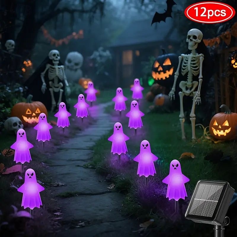 12PCS Halloween Solar Path Lights Outdoor Waterproof Lawn Lights Halloween Ghost Lights Yard Park Cemetery Path Driveway Horror Atmosphere Decoration