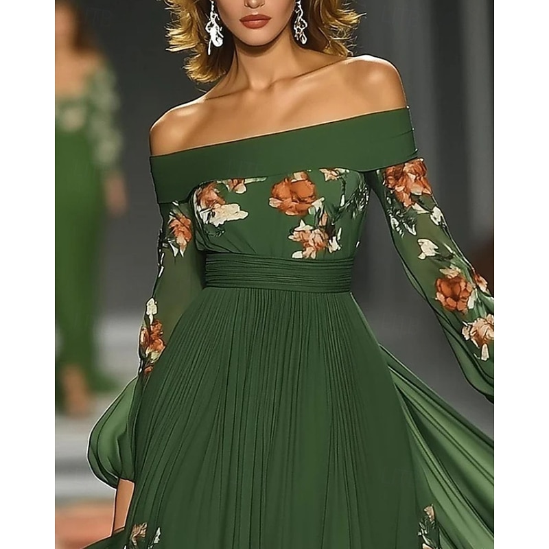 Women's Long Dress Maxi Dress Party Dress Cocktail Dress Print Dress Elegant Modern Outdoor Party Evening Party Regular Fit Floral Long Sleeve Off Shoulder Green Fall Winter3