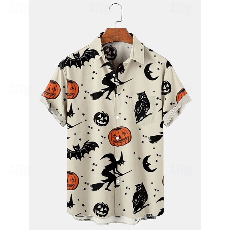 Halloween Men's Witch Lantern Face Shirt Summer Shirt Casual Shirt Short Sleeves Horror Vacation Daily Wear Theme Party Spring & Summer Lapel Print Purple Green Beige2