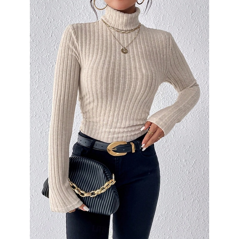 Women's Blouse Solid Color Stylish Casual Long Sleeve Turtleneck Regular Tops Daily Ruched Buttons Black White Purple Apricot Gray Spring Fall Winter