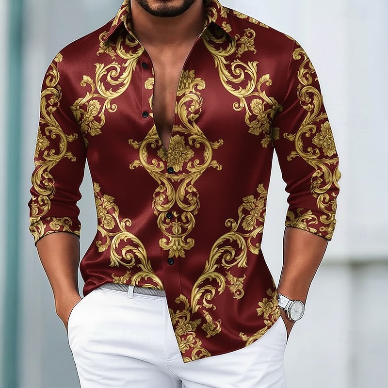 Men's Floral Print Baroque Shirt Satin Shirt Dress Shirt Long Sleeve Vintage Retro Vacation Dailywear Summer Spring Fall Turndown 3D Print Button Up Shirts Black White Burgundy Blue