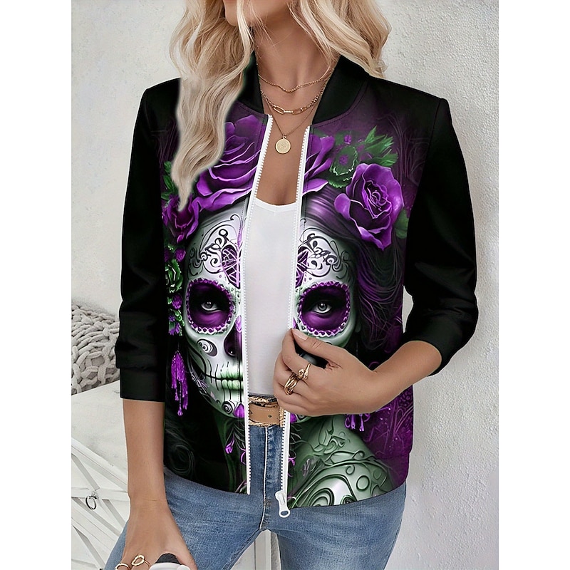 Women's Casual Jacket Warm Quick Dry Zipper Pocket Elegant Fashion Daily Simple Skull Vacation Casual Daily Holiday Regular Baseball Collar Regular Fit Long Sleeve Outerwear Blue Purple Green Spring3