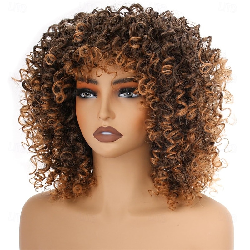 14inch Black/Brown Curly Wigs for WomenShort Kinky Afro Curly Wigs with Bangs Natural Soft Bouncy Fluffy Heat Resistant Synthetic Hair Wig 70s for Daily or Party4