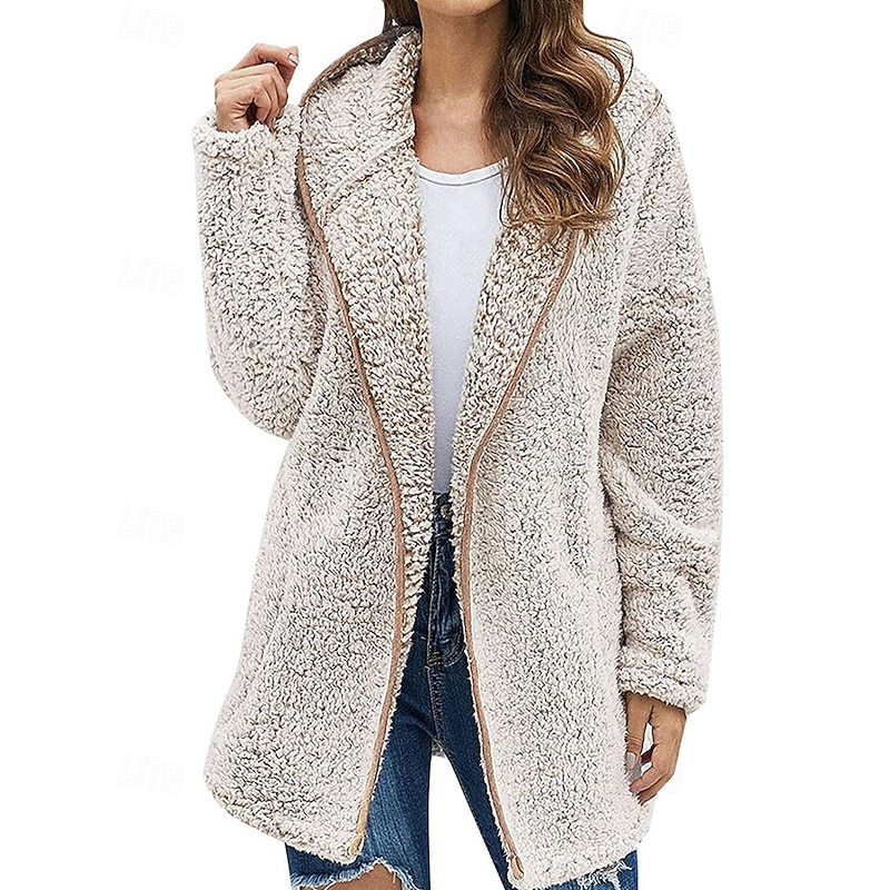 Women's Teddy Coat Hoodie Jacket Warm Comfortable Zipper Casual Plain Vacation Street Going out Weekend Regular Hoodie Loose Fit Long Sleeve Outerwear Black Light Green Pink Fall Winter3