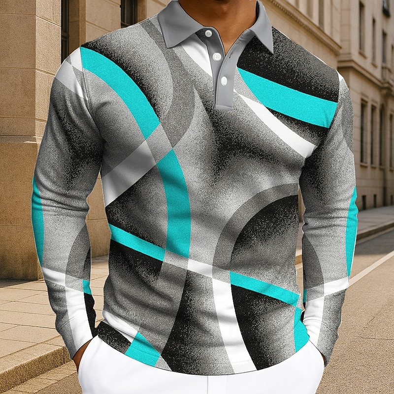 Men's Geometic Polo Long Sleeve Polo Shirts Lapel Casual Athleisure Daily Wear 3D Print Buttons Spring Fall Winter Red Blue Green3