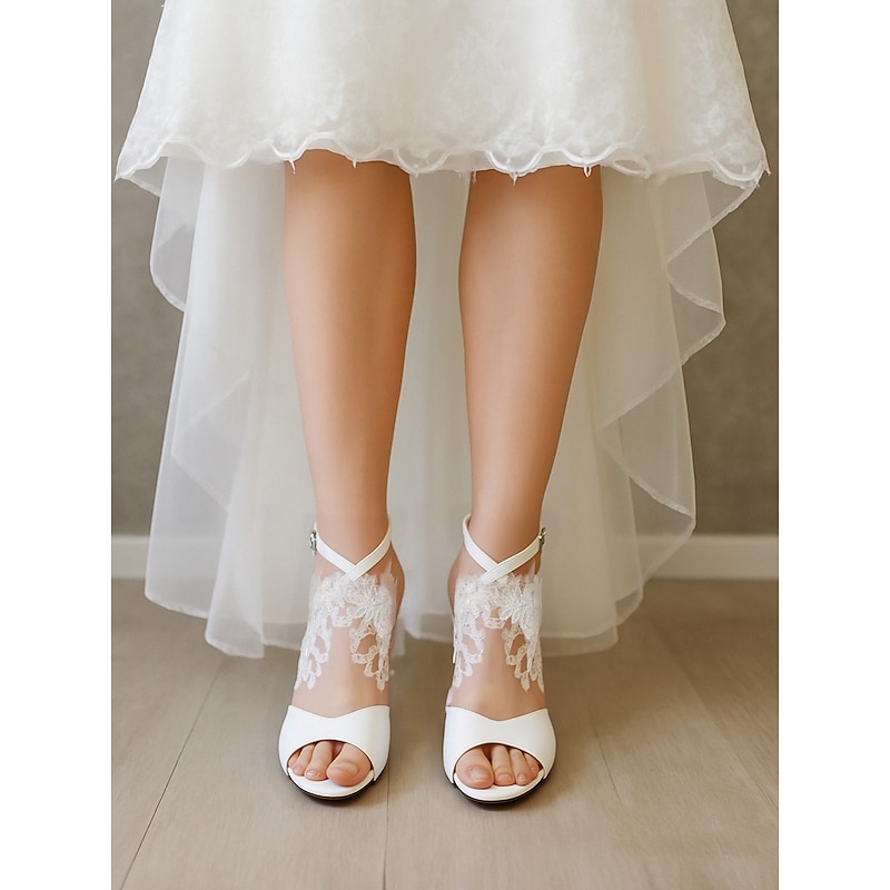 Women's White Lace Block Heel Sandals with Ankle Strap - Elegant Open Toe Bridal Shoes for Weddings and Formal Occasions2