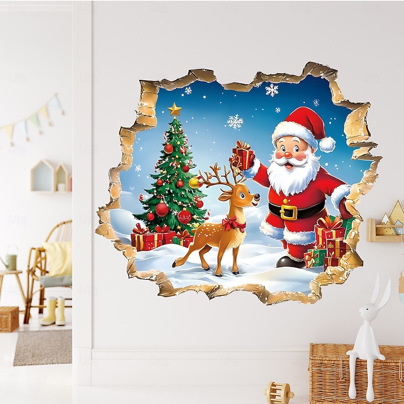 Christmas Sticker Wall Decals Creative 3D Broken Wall Cartoon Santa Claus Removable Vinyl Mural Holiday Party Living Room Office Background Wall Decoration Home Festival Atmosphere