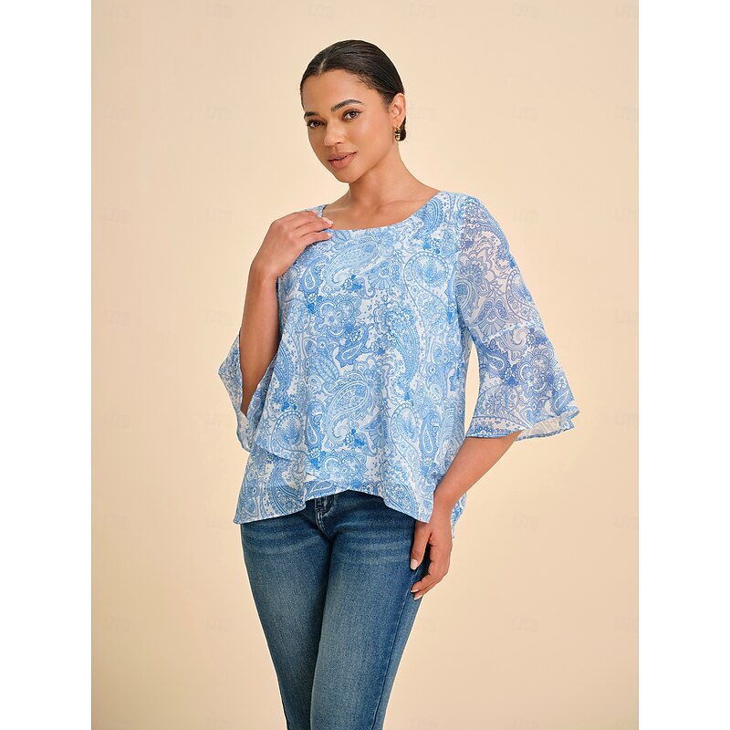 Women's Female Paisley Casual Sky Blue 3/4 Sleeve Elegant Casual Daily Crew Neck Summer Spring Fall