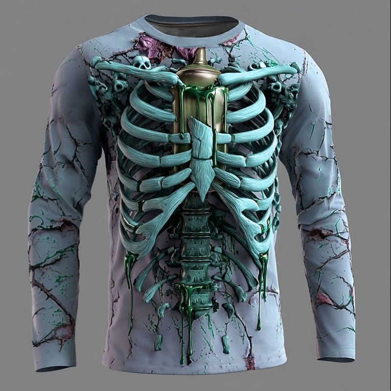 Halloween Men's 3D Skeleton T Shirt Long Sleeve T shirt 3D Print Crew Neck Shirt Fashion Exaggerated Street Casual Daily Red Blue Green Summer Spring Fall Clothing Apparel S M L XL XXL XXXL3