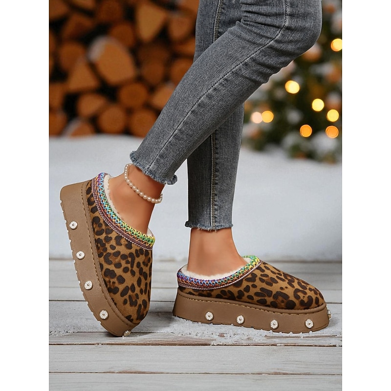 Women's Leopard Print Slip-On Snow Boots with Rhinestone Accents and Plush Interior, Stylish and Comfortable, Perfect for Casual Wear, Shopping and Cozy Weekend Outings4