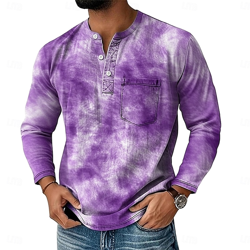 Men's Henley Shirt Tee Henley Top Long Sleeve Tie Dye Fashion Designer Casual Tie Dye Color Block Buttons Henley Outdoor Casual Daily All Seasons Pink Navy Blue Blue Henley T-Shirt