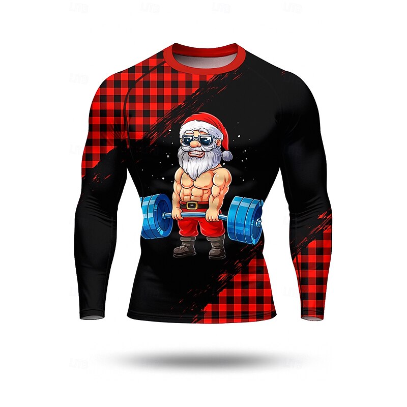 Christmas Men's Compression Shirt Running Shirt Long Sleeve Base Layer Plaid Checkered Quick Dry Compression Power Flex Moisture Wicking Gym Workout Active Training Exercise Sportswear Activewear3