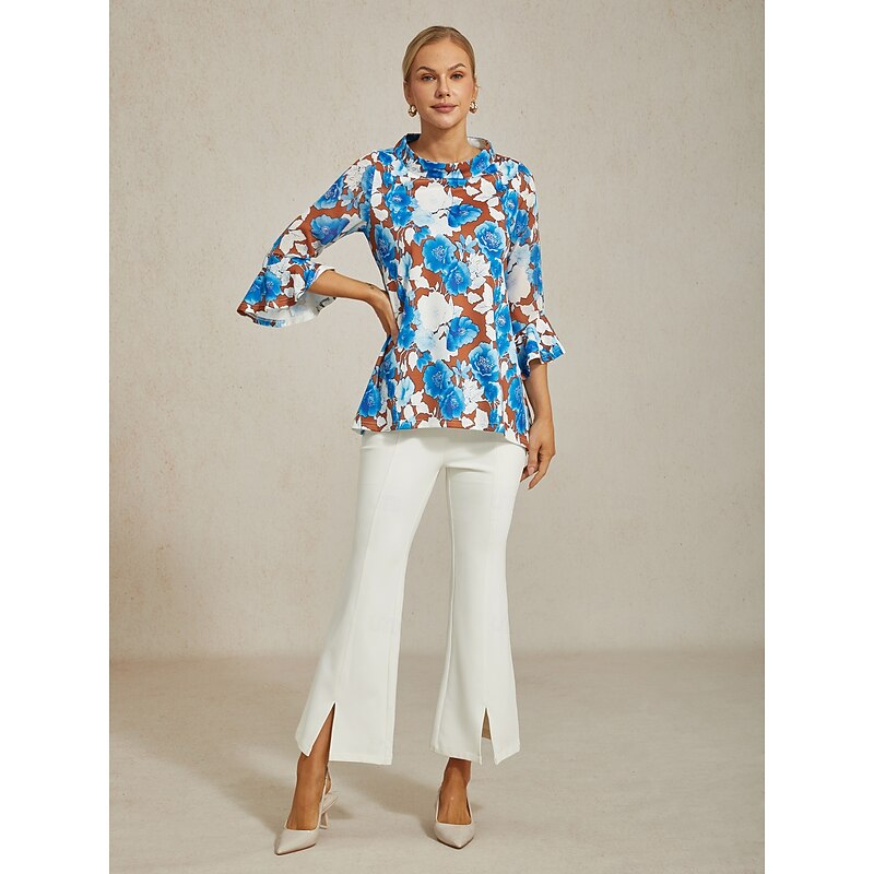 Women's Blouse Twisted Roman Chiffon Splice Blue Floral Print Bateau Neck Three Quarter Sleeve Short4