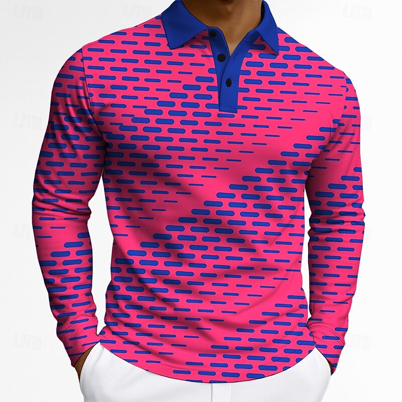 Men's Geometric Polo Long Sleeve Polo Shirts Lapel Business Casual Athleisure Daily Wear 3D Print Buttons Spring Fall Winter Violet Pink Yellow Red
