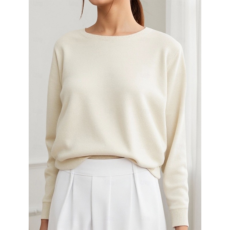 Women's Pullover Elegant Vintage Daily Solid Color Ribbed Crew Neck Knitted Long Sleeve Regular Tops Knit Formal Outdoor Home Black White Spring Fall
