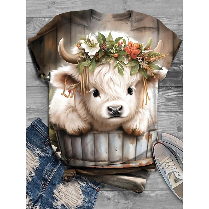 Women's T Shirt Graphic Animal Cow Vintage Stylish Classic Short Sleeve Crew Neck Regular Tops Daily Weekend Print Pink Light Brown Blue Brown Gray Spring Fall Winter3