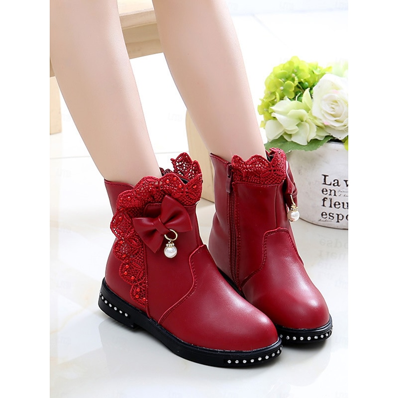 Girl's Warm Winter Boots with Fur Lining - Red Ankle Boots with Lace Bow Detail, Cozy Fashion Style for Kids Cold Weather Wear2