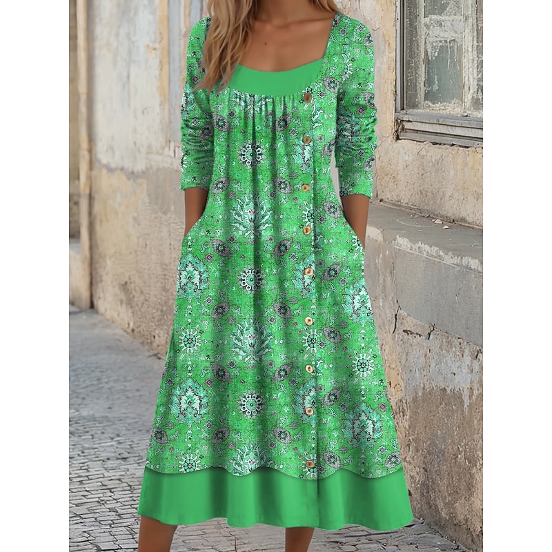 Women's Midi Dress Shift Dress A Line Dress Casual Daily Regular Fit Graphic Geometric Long Sleeve Square Neck Blue Purple Orange Green Fall Winter3
