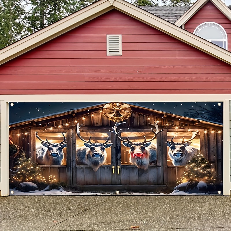Christmas Outdoor Garage Door Cover Santas Home Gingerbread House Reindeer Snowman Gift Boxes Christmas Wreath Large Tapestry Backdrop Decoration For Holiday Outdoor Garage Door Home Wall Decorations2